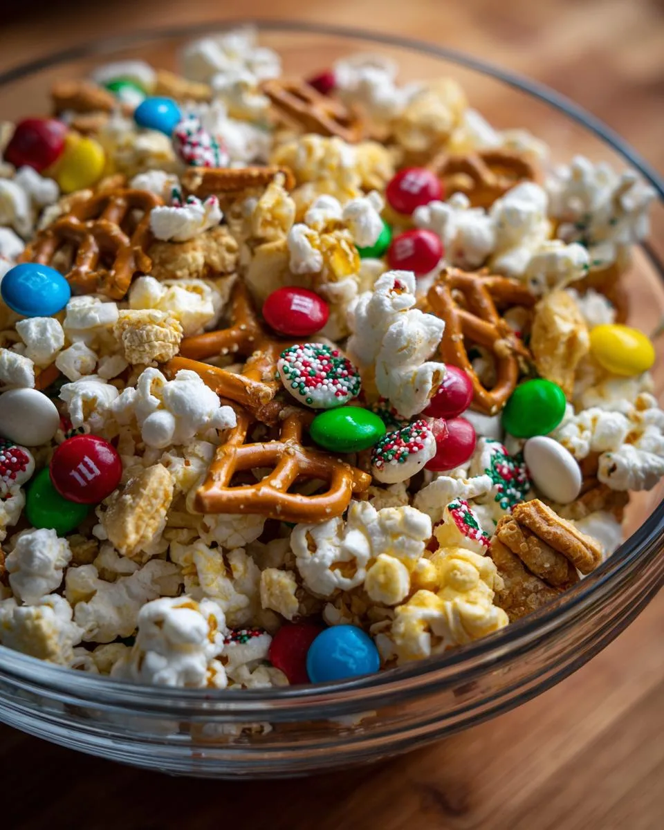 A close-up of a clear bowl filled with a vibrant holiday popcorn mix, featuring popcorn, pretzels, M&Ms, and festive sprinkles.