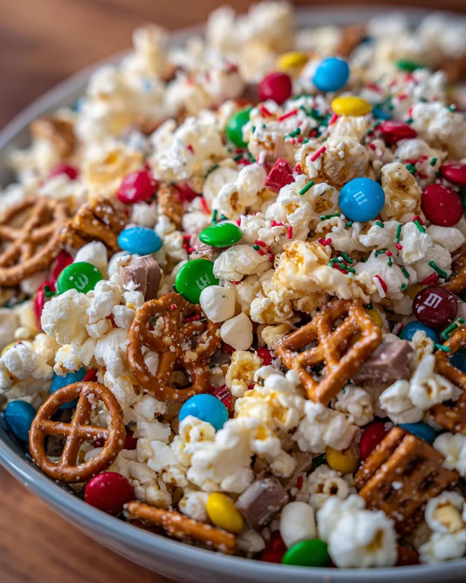 A close-up of a bowl filled with a festive holiday popcorn mix, featuring popcorn, M&Ms, pretzels, and sprinkles.