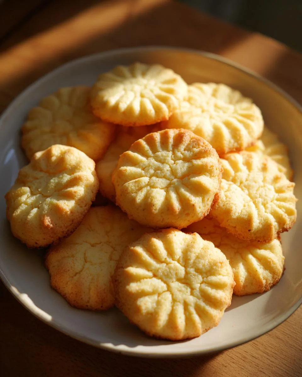 A close-up of a pile of golden-brown Holiday shortbread cookies with a fluted edge pattern on a white plate.