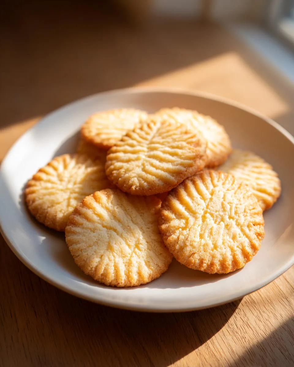 A stack of golden-brown holiday shortbread cookies with a ridged pattern on a white plate.