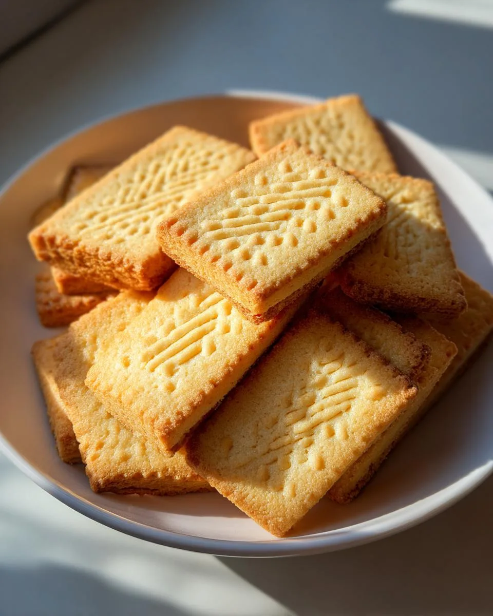 A close-up view of a stack of golden-brown holiday shortbread cookies with a classic patterned top.