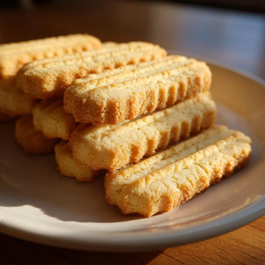 A close-up of a stack of golden-brown holiday shortbread cookies with ridged edges on a white plate.
