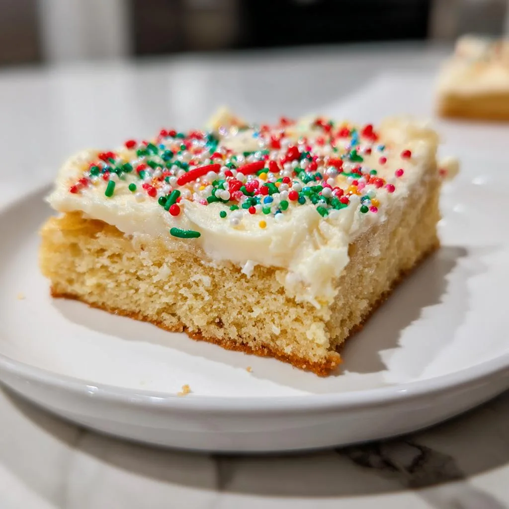 A slice of festive holiday sugar cookie bars topped with white frosting and colorful sprinkles.