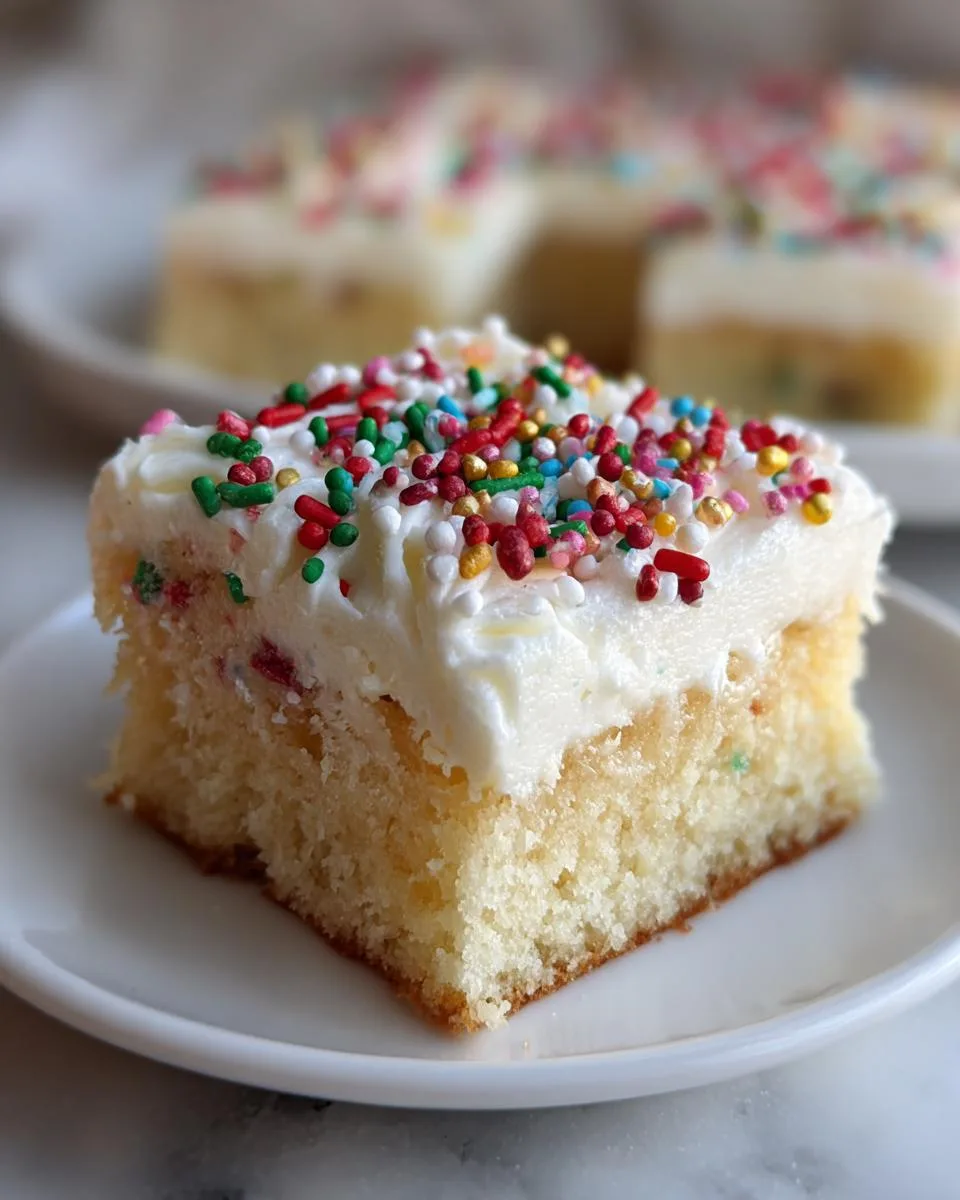 A festive slice of holiday sugar cookie bars topped with white frosting and colorful sprinkles.