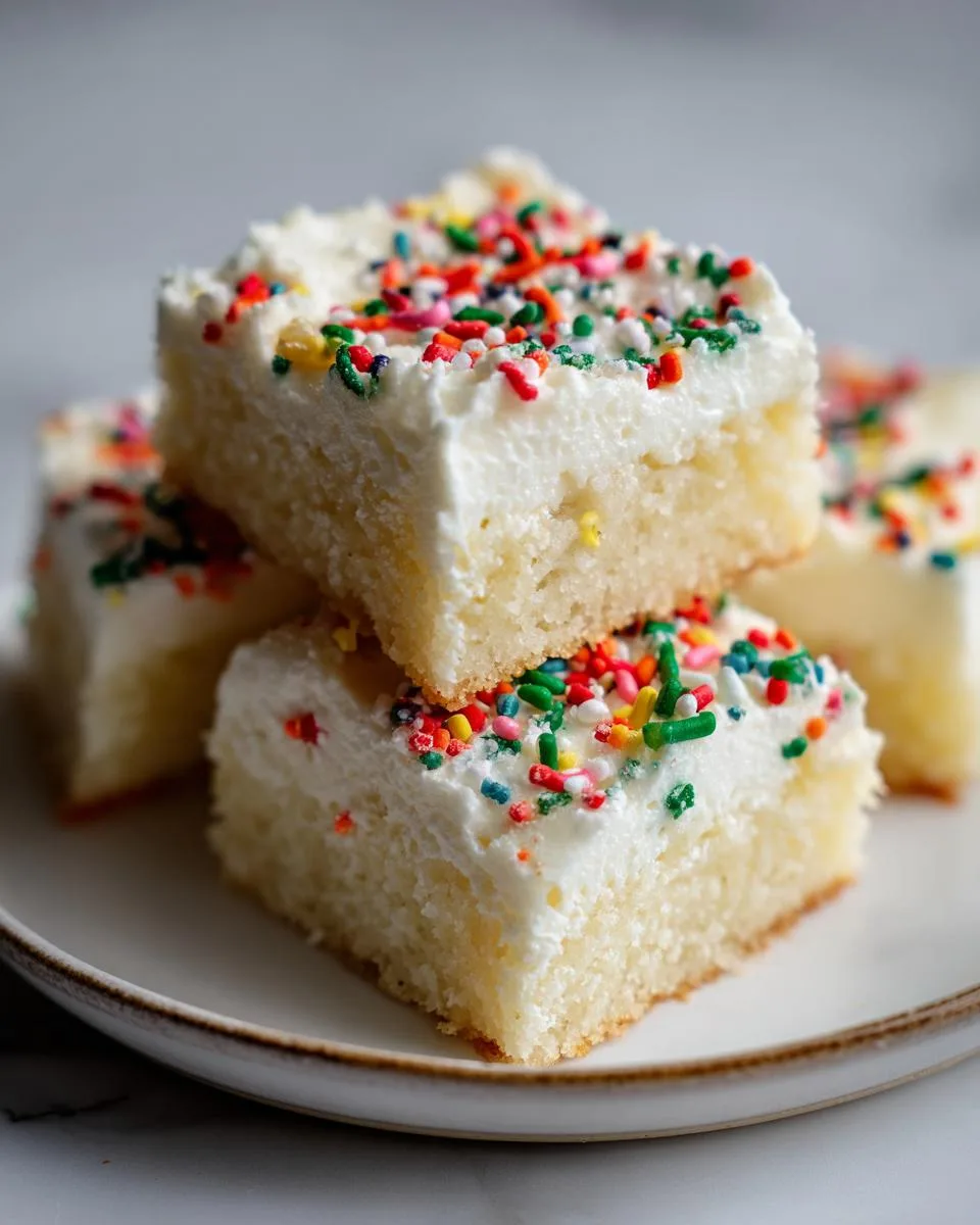 Close-up of stacked Holiday Sugar Cookie Bars topped with white frosting and colorful sprinkles.