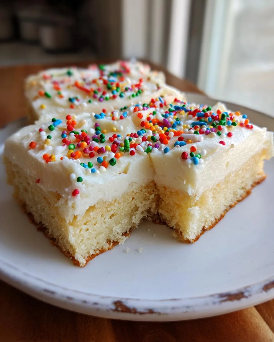 Close-up of two Holiday Sugar Cookie Bars topped with white frosting and colorful sprinkles.