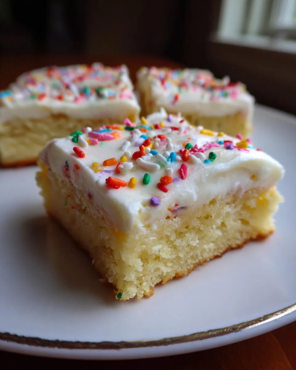 Close-up of a holiday sugar cookie bar topped with white frosting and colorful sprinkles.