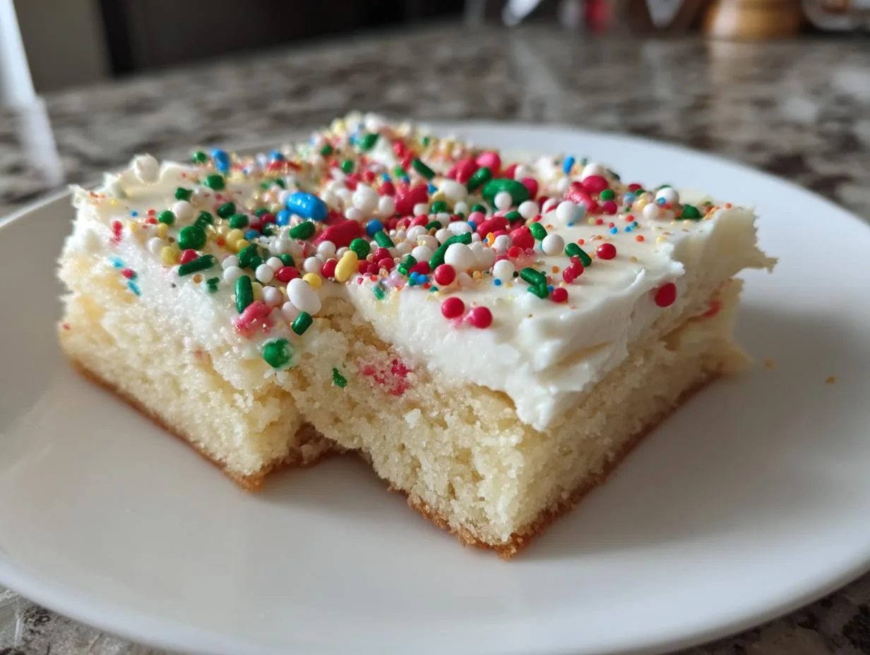 Close-up of two slices of Holiday sugar cookie bars topped with white frosting and colorful sprinkles.