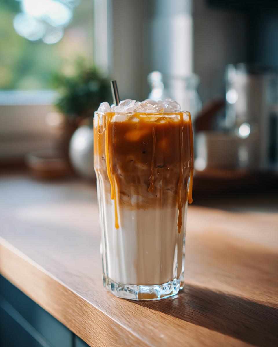 A tall glass of iced caramel macchiato, a popular Starbucks drink, with layers of milk, espresso, and caramel drizzle.