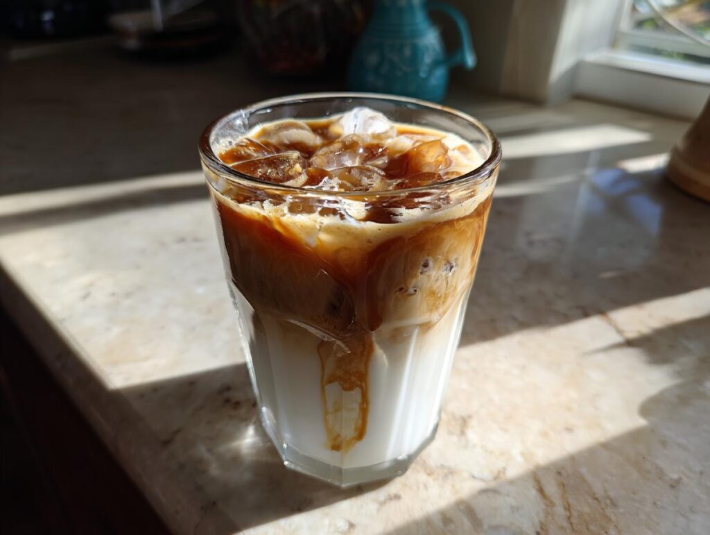 A refreshing homemade iced coffee drink with layers of milk and espresso, topped with ice, reminiscent of Starbucks drinks.
