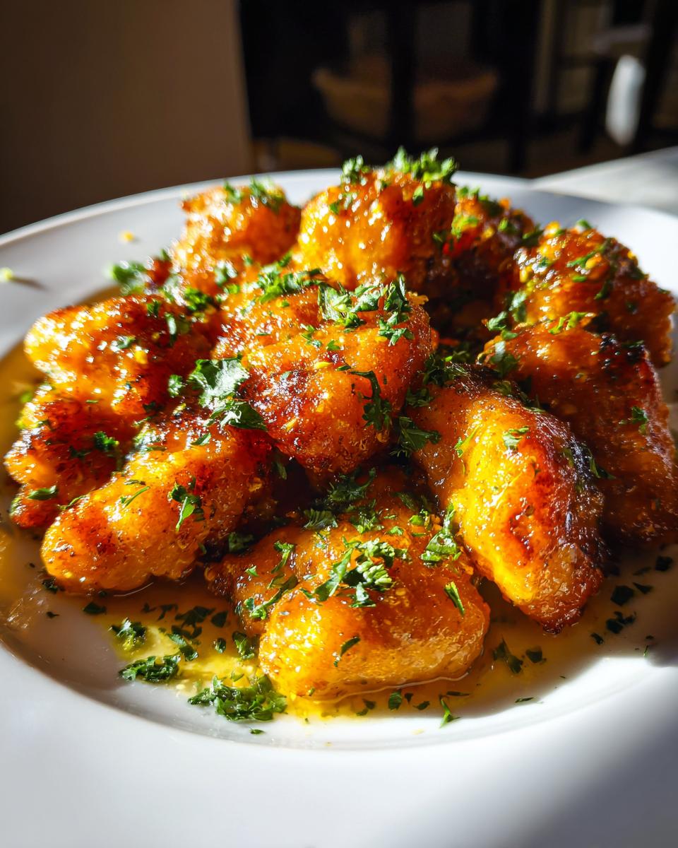 Close-up of crispy honey garlic chicken bites, garnished with fresh parsley, a perfect addition to chicken recipes.