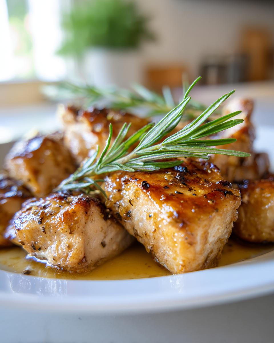Close-up of honey glazed chicken bites, a perfect chicken dinner idea, garnished with rosemary.
