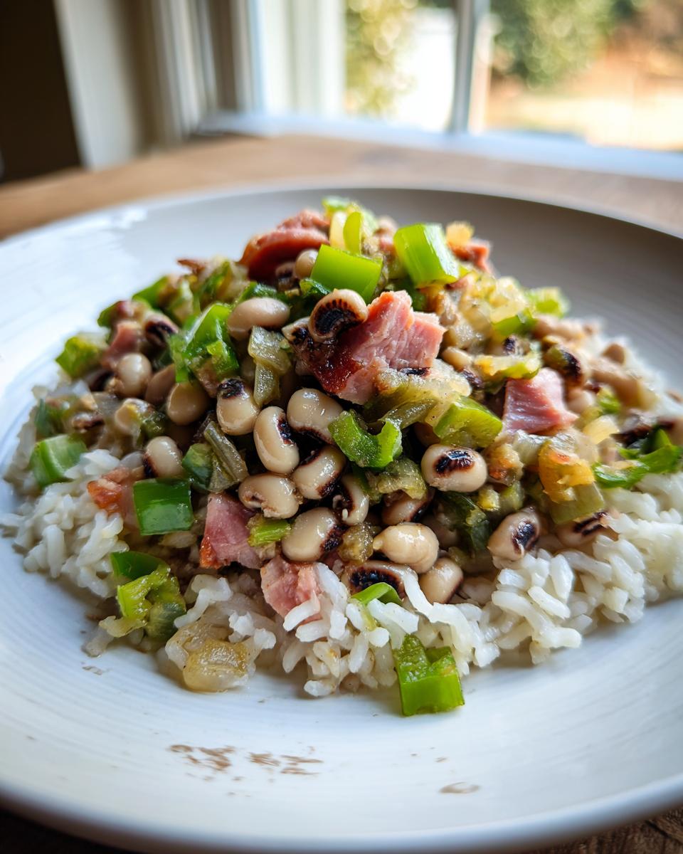 A close-up of a bowl of Hoppin John recipe, featuring black-eyed peas, diced green peppers, ham, and served over white rice.