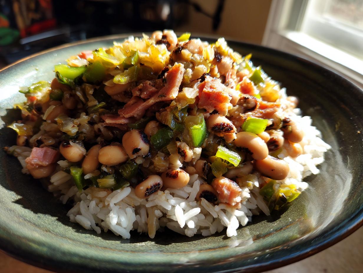 A close-up of a bowl filled with white rice topped with a hearty Hoppin John recipe, featuring black-eyed peas, diced ham, and green peppers.