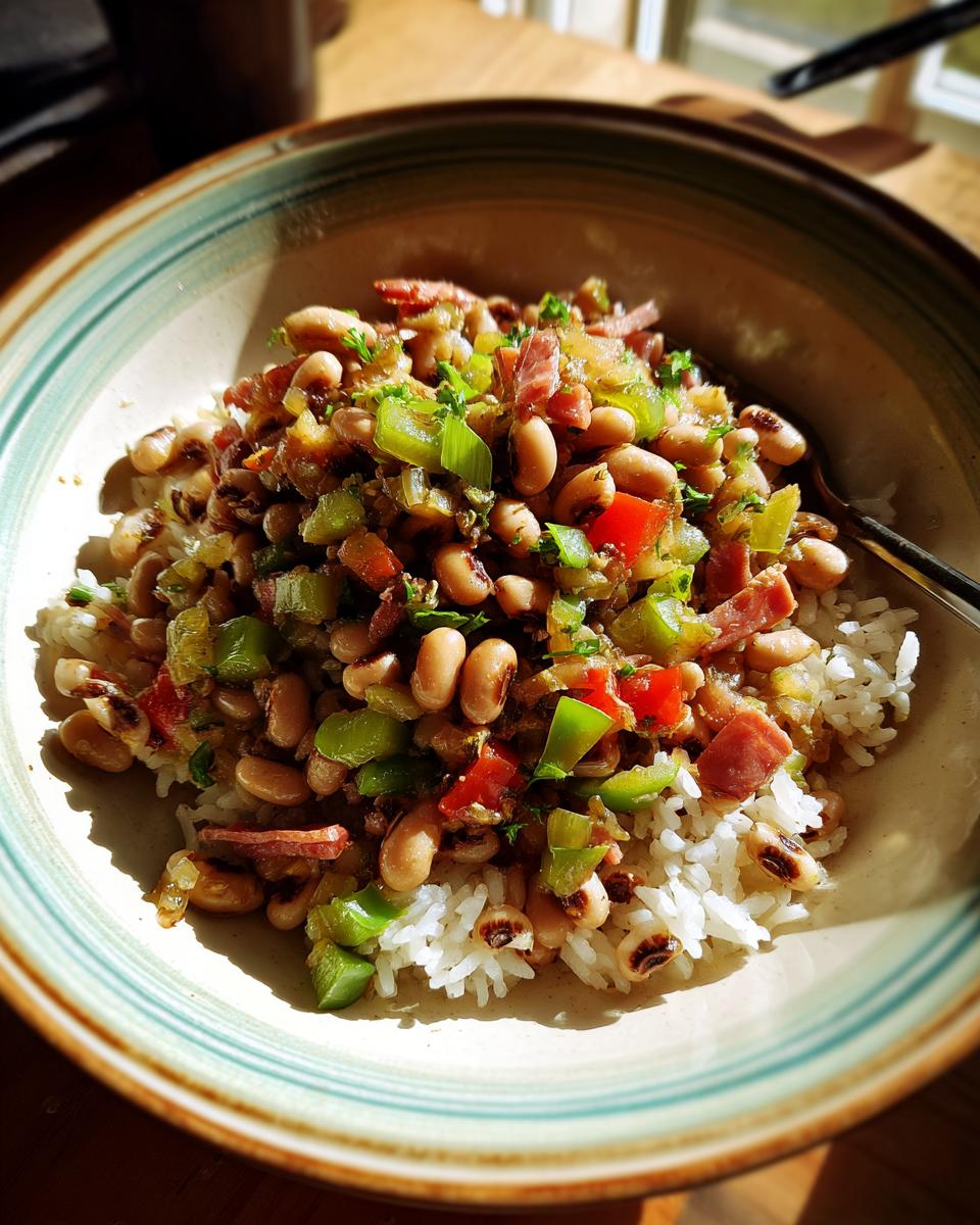 A bowl of Hoppin John recipe, featuring black-eyed peas and rice with chopped vegetables and bacon.