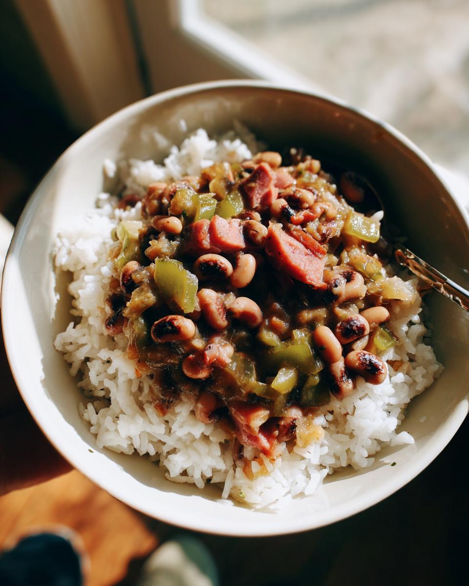 A bowl of fluffy white rice topped with a savory hoppin john mixture of black-eyed peas, ham, and green peppers.