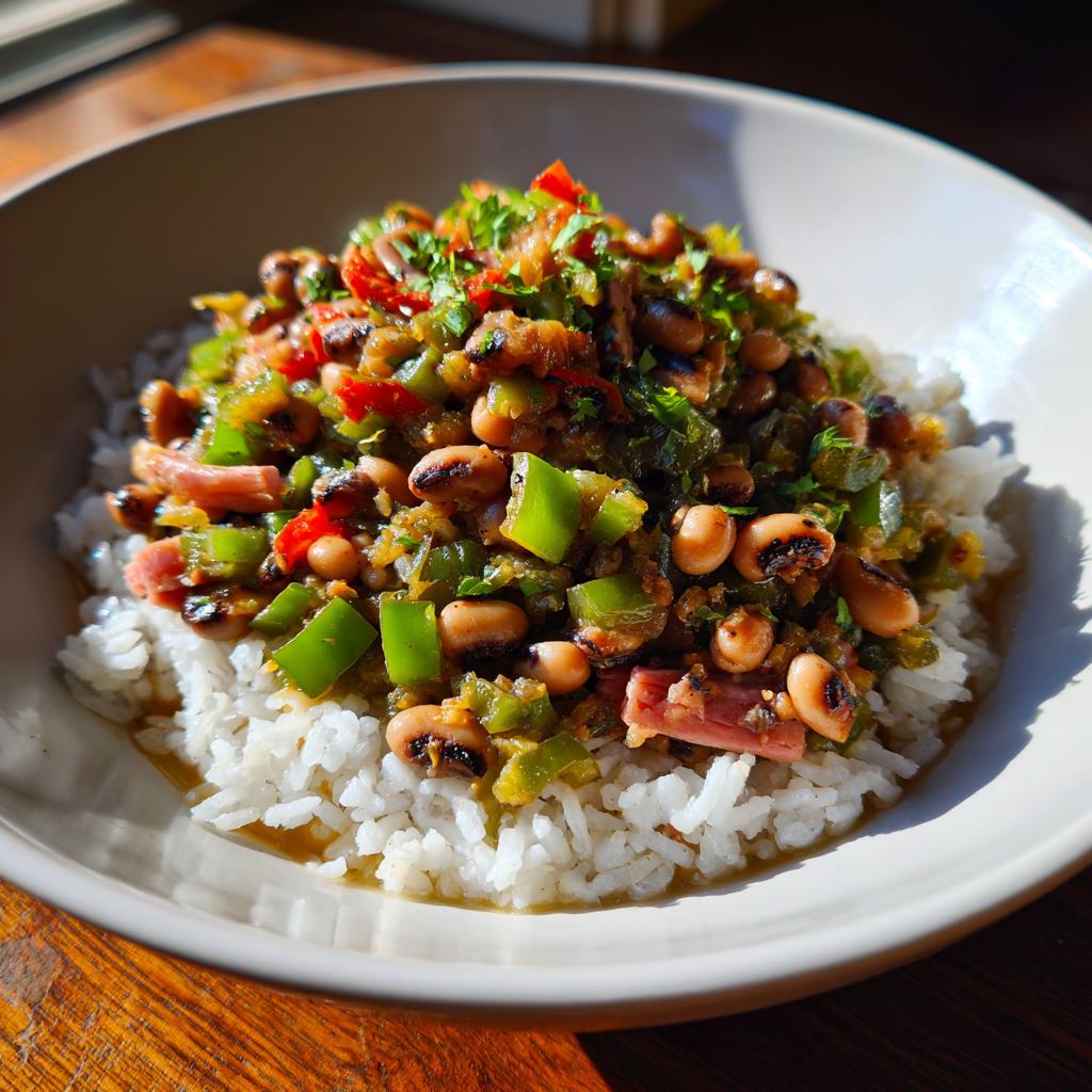 A bowl of fluffy white rice topped with a generous serving of Hoppin John, featuring black-eyed peas, green peppers, and ham, garnished with parsley.