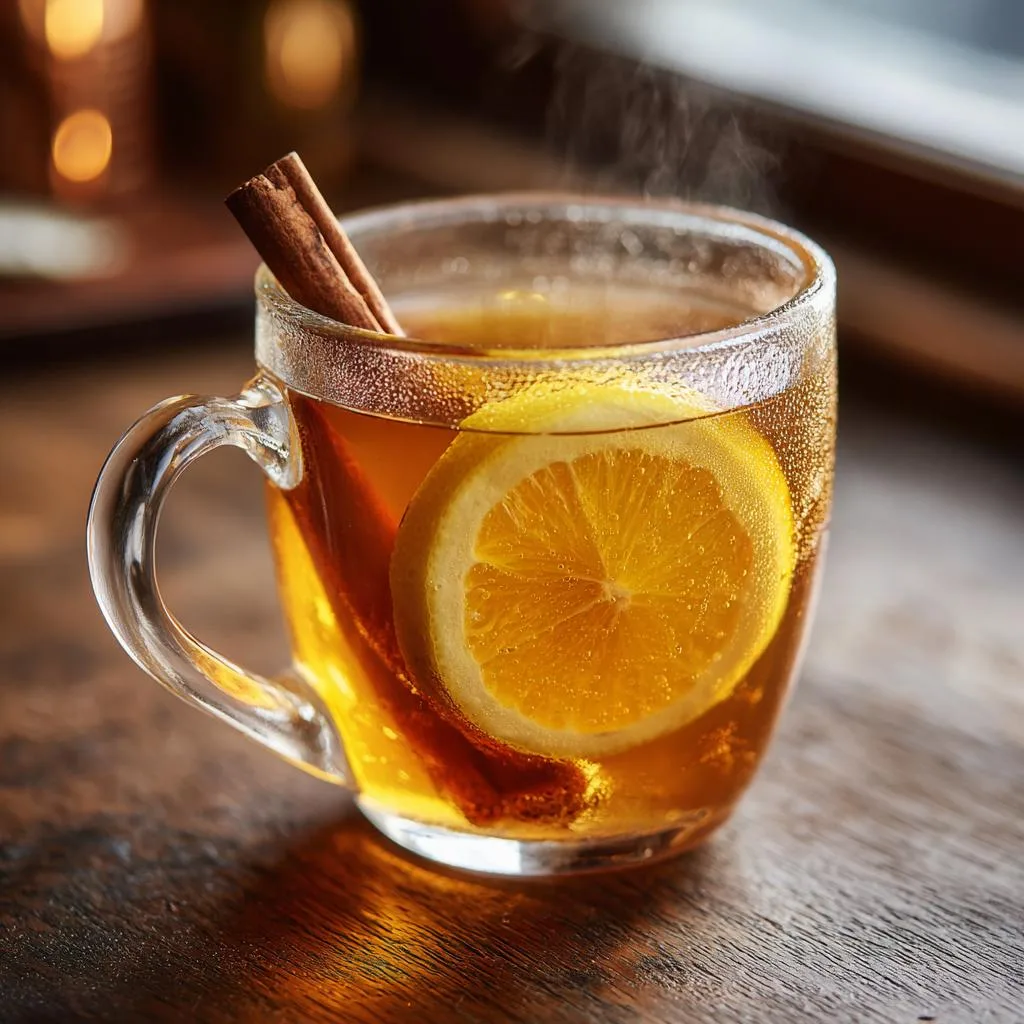 Close-up of a steaming hot toddy recipe in a glass mug with a lemon slice and cinnamon stick.