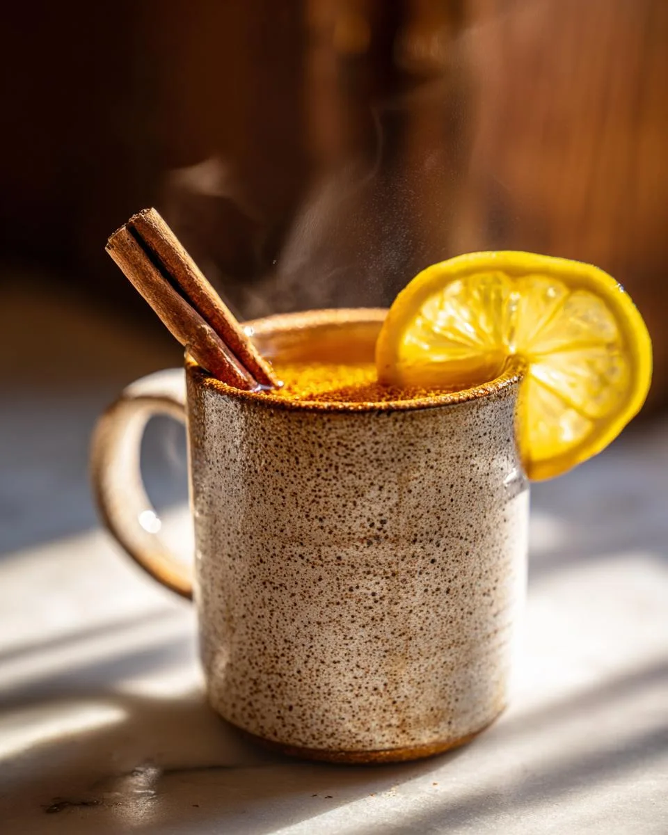 A warm mug of hot toddy recipe, garnished with a lemon slice and cinnamon stick, with steam rising.