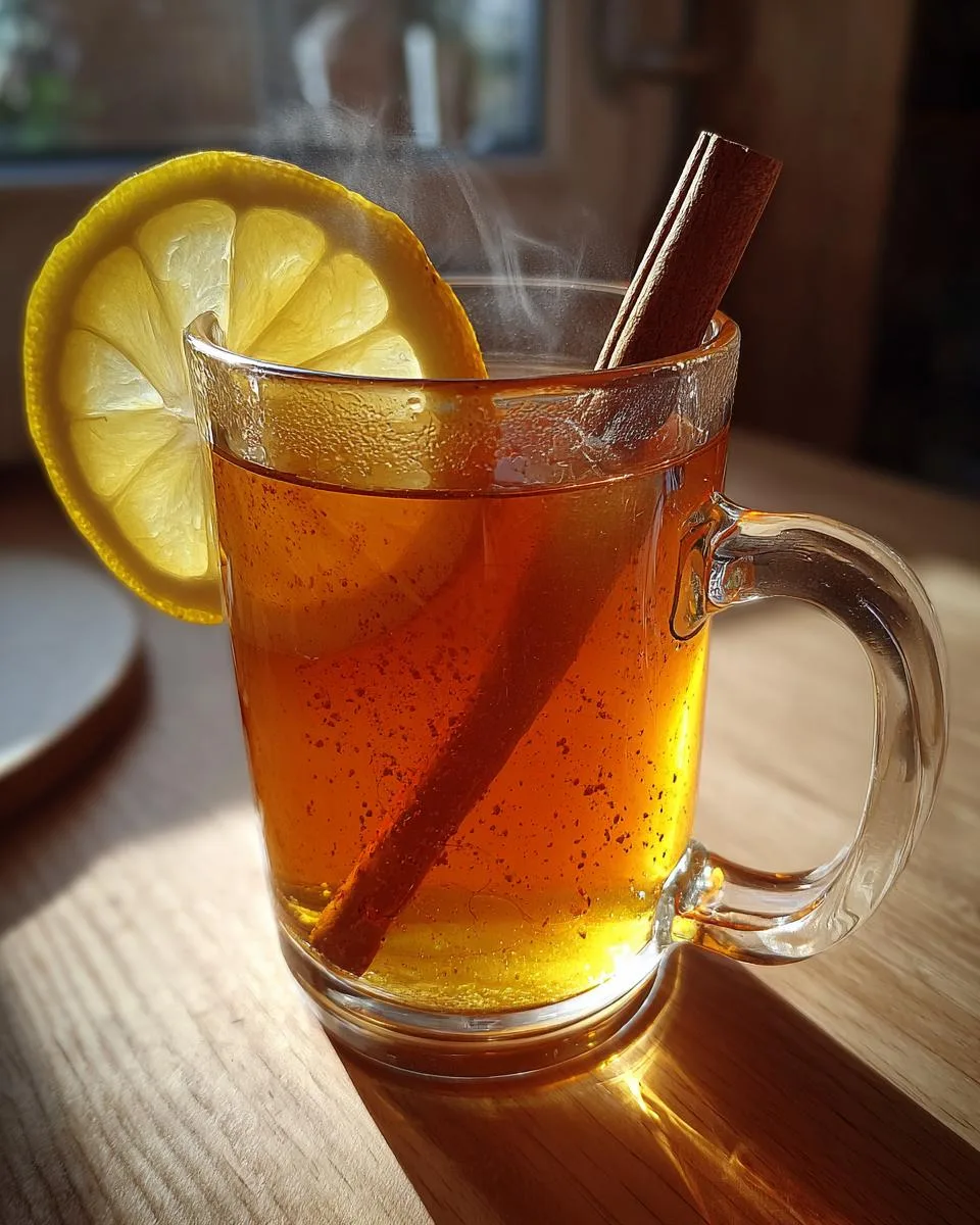 A close-up of a steaming hot toddy recipe in a glass mug, garnished with a lemon slice and cinnamon stick.