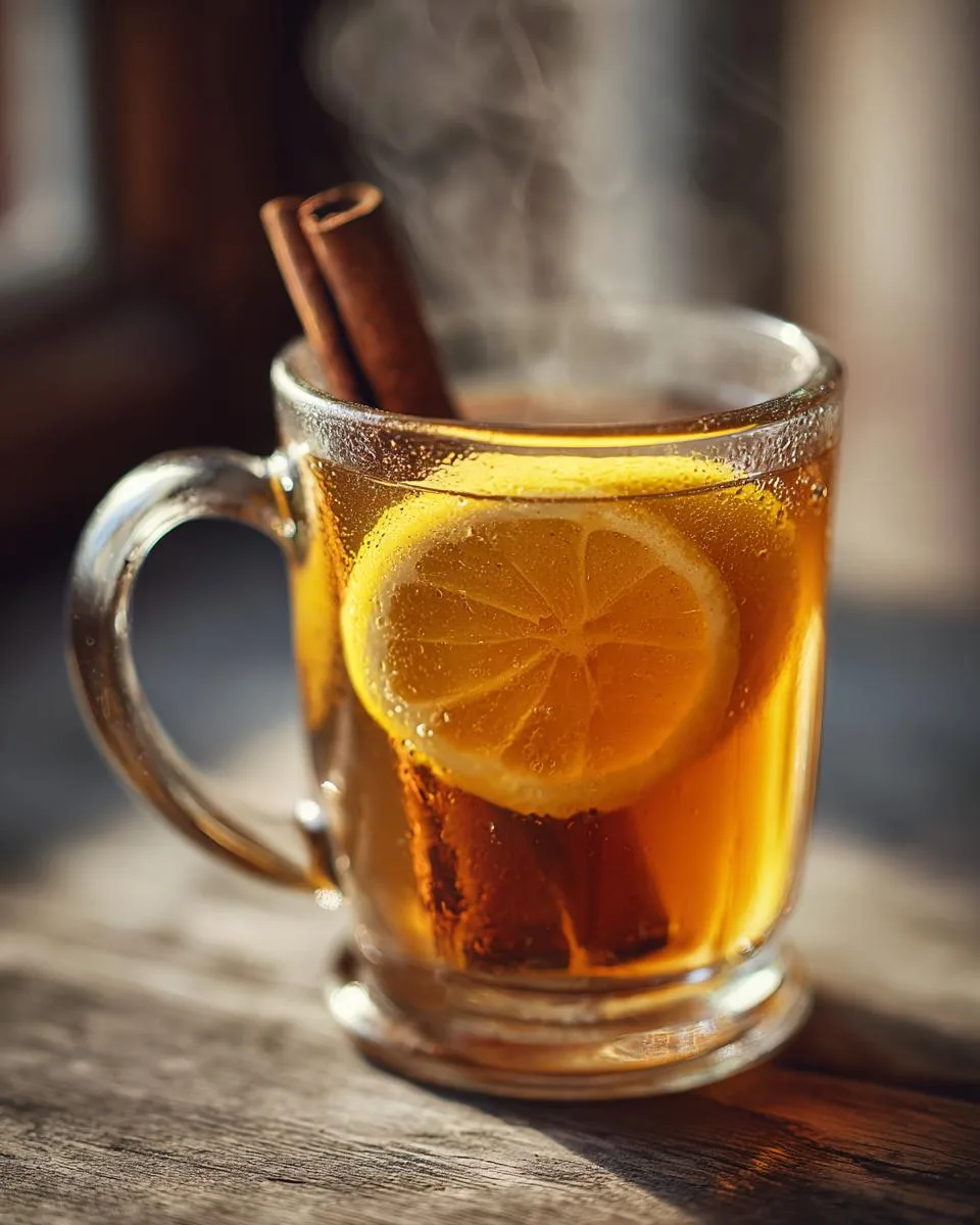 A close-up of a steaming hot toddy recipe in a glass mug, garnished with a lemon slice and cinnamon sticks.