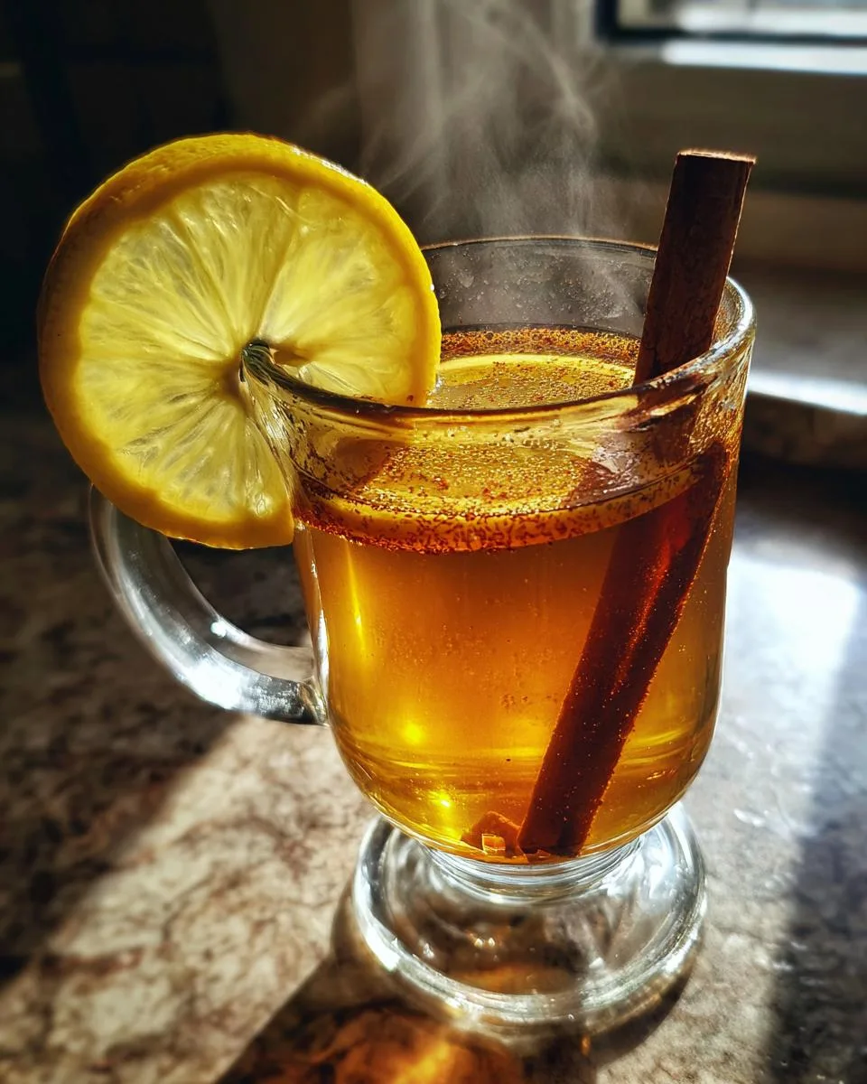 A close-up of a steaming hot toddy recipe in a clear glass mug, garnished with a lemon slice and cinnamon stick.
