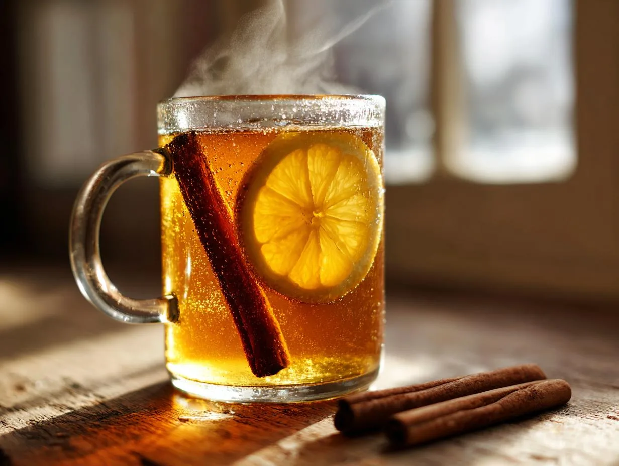 A close-up of a steaming hot toddy recipe in a glass mug, garnished with a lemon slice and cinnamon stick.