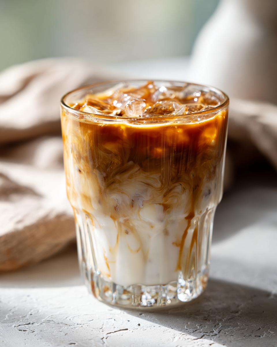 A refreshing iced coffee drink with swirls of cream and coffee in a glass, perfect for homemade Starbucks drinks.