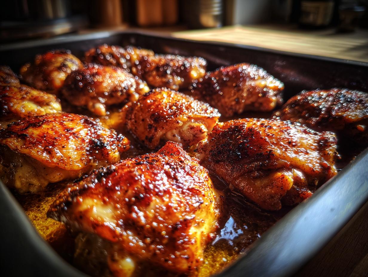 Close-up of a baking pan filled with juicy, golden-brown baked chicken thighs, a perfect chicken thigh dinner idea.