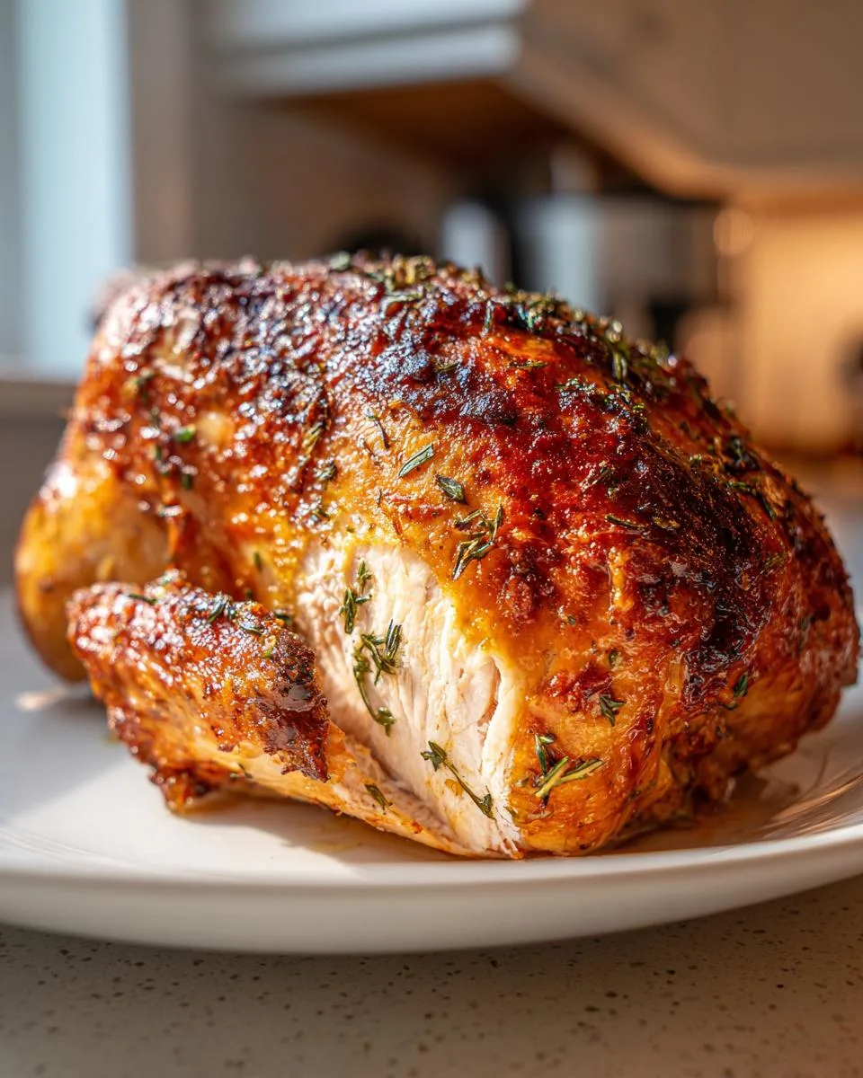 A perfectly roasted turkey breast, golden brown and glistening, seasoned with fresh herbs.