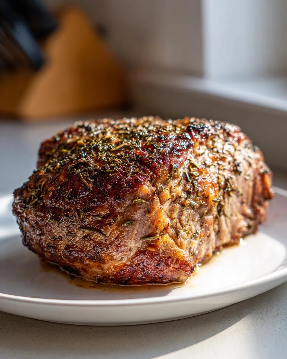 A perfectly roasted turkey breast seasoned with herbs, glistening on a white plate.