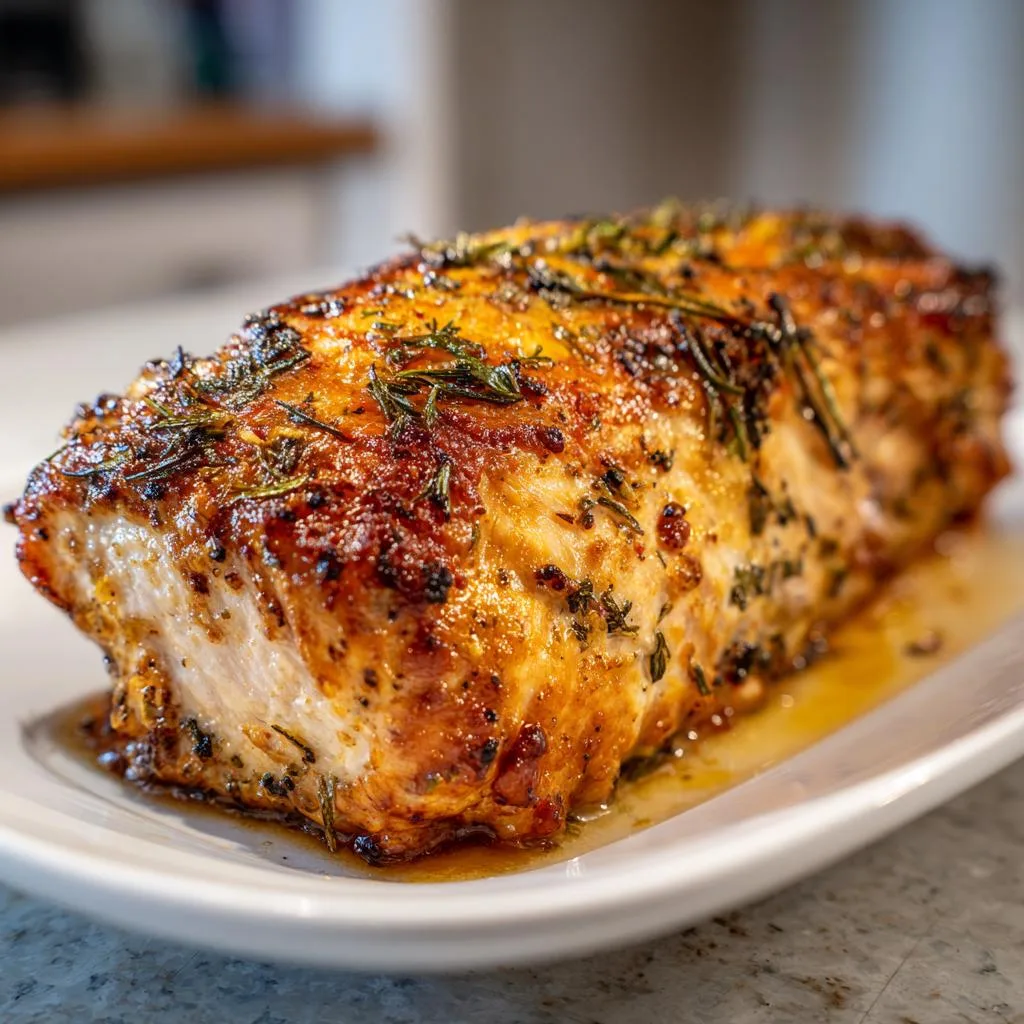A perfectly roasted turkey breast seasoned with fresh rosemary and thyme, glistening with juices.