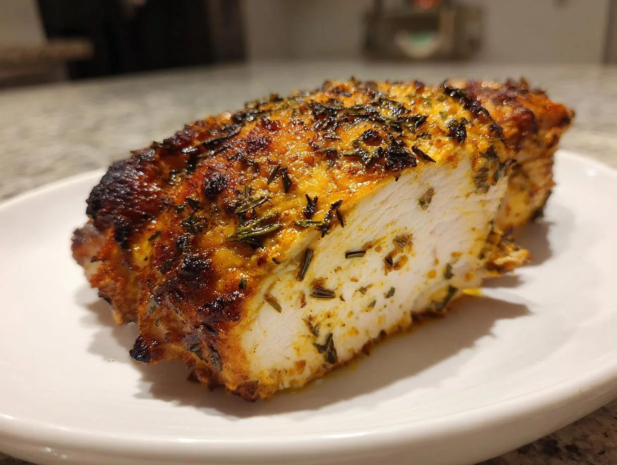 A close-up of a juicy, herb-crusted roasted turkey breast slice on a white plate.