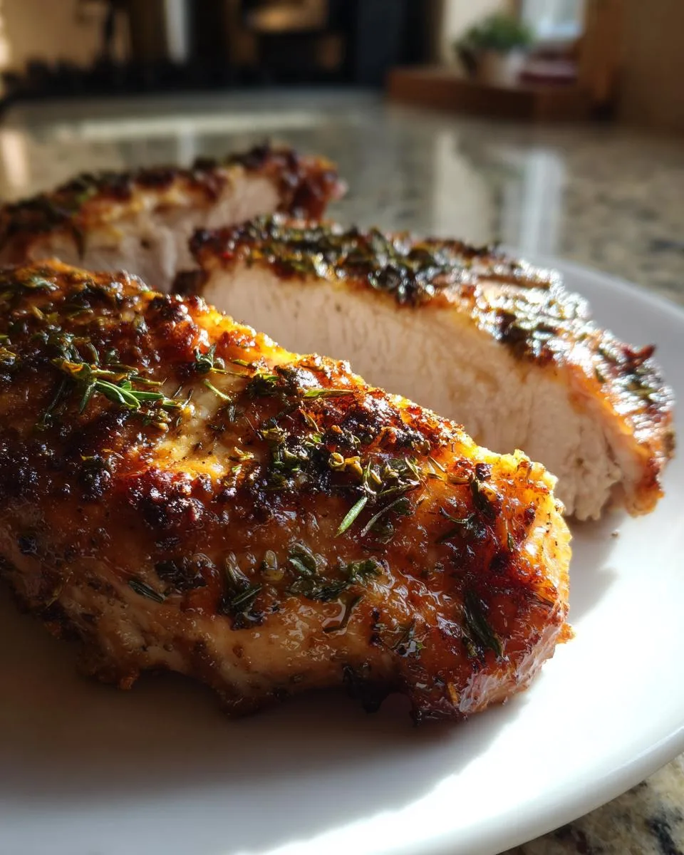 Close-up of juicy roasted turkey breast slices seasoned with herbs, showcasing a golden-brown crust.