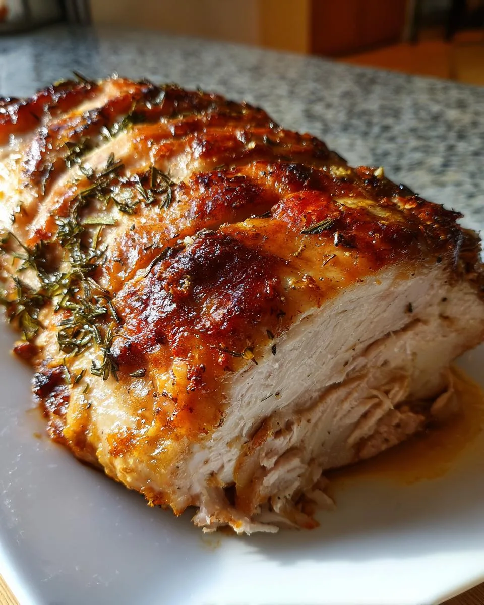 A close-up of a perfectly roasted turkey breast, glistening with juices and topped with fresh herbs.