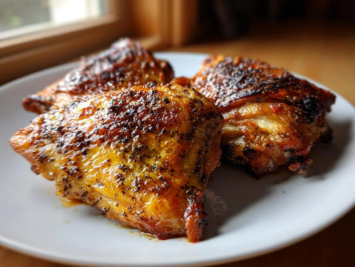Close-up of three juicy roasted turkey thighs on a white plate, with crispy, golden-brown skin seasoned with herbs and spices.