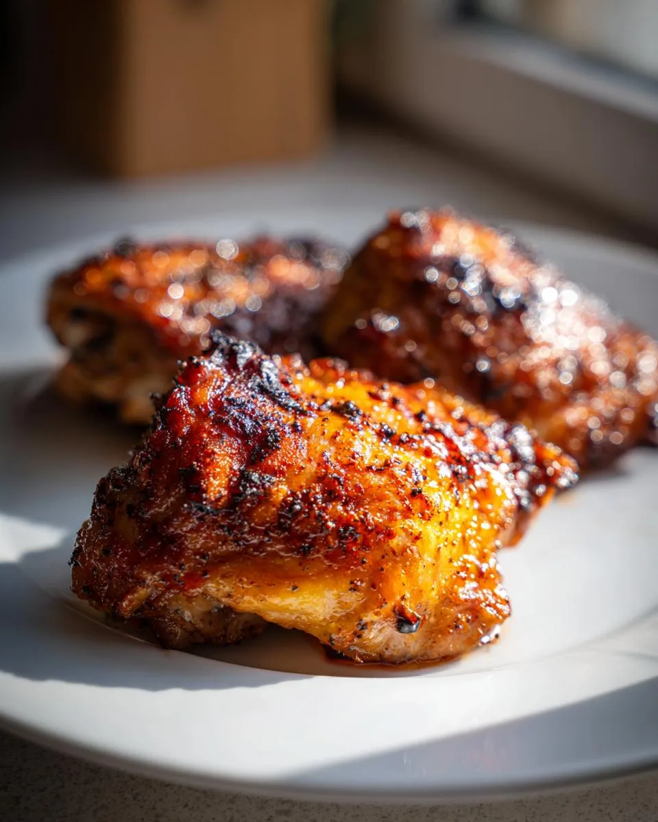 Close-up of three perfectly roasted turkey thighs on a white plate, with crispy, golden-brown skin.