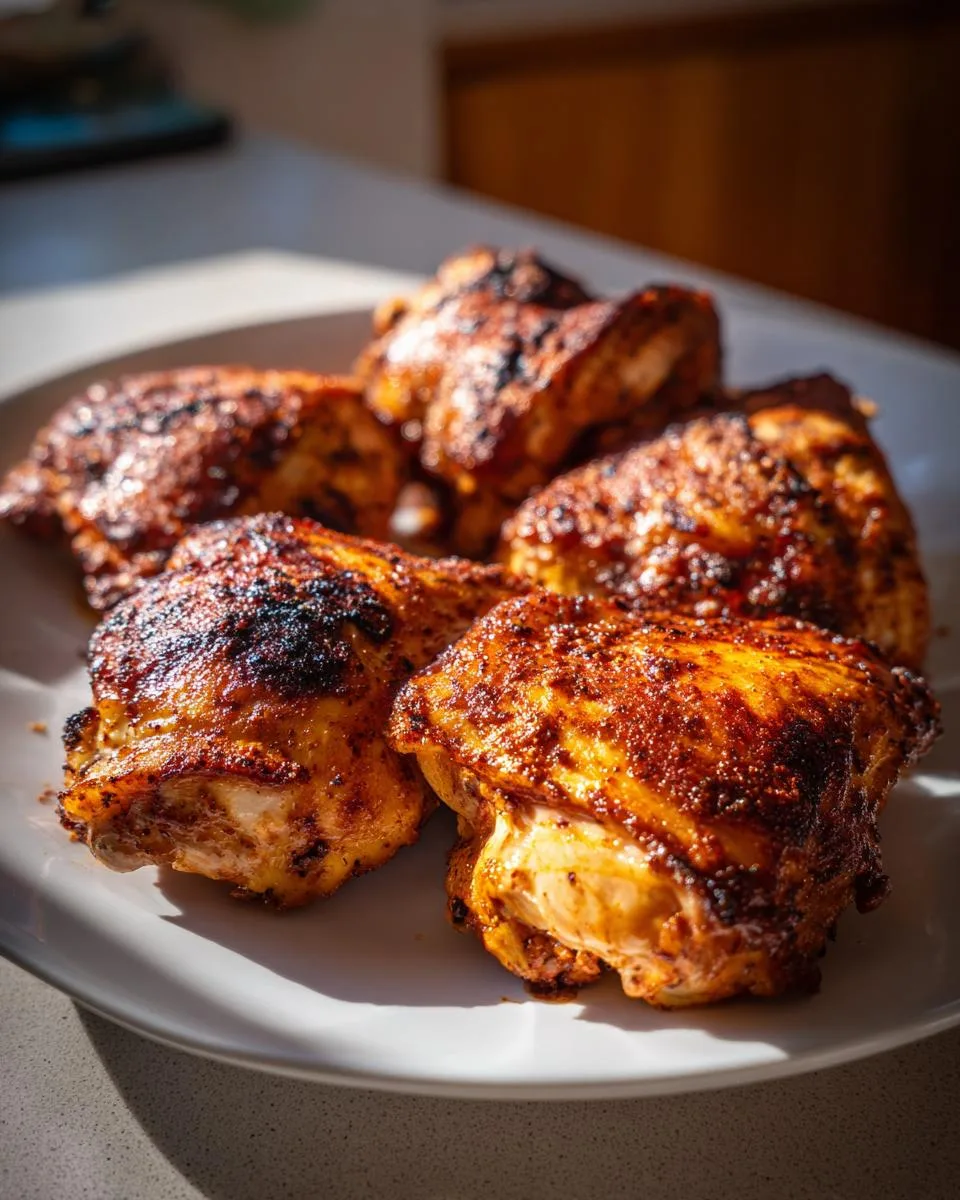 A white plate filled with perfectly roasted turkey thighs, showcasing crispy skin and juicy meat.