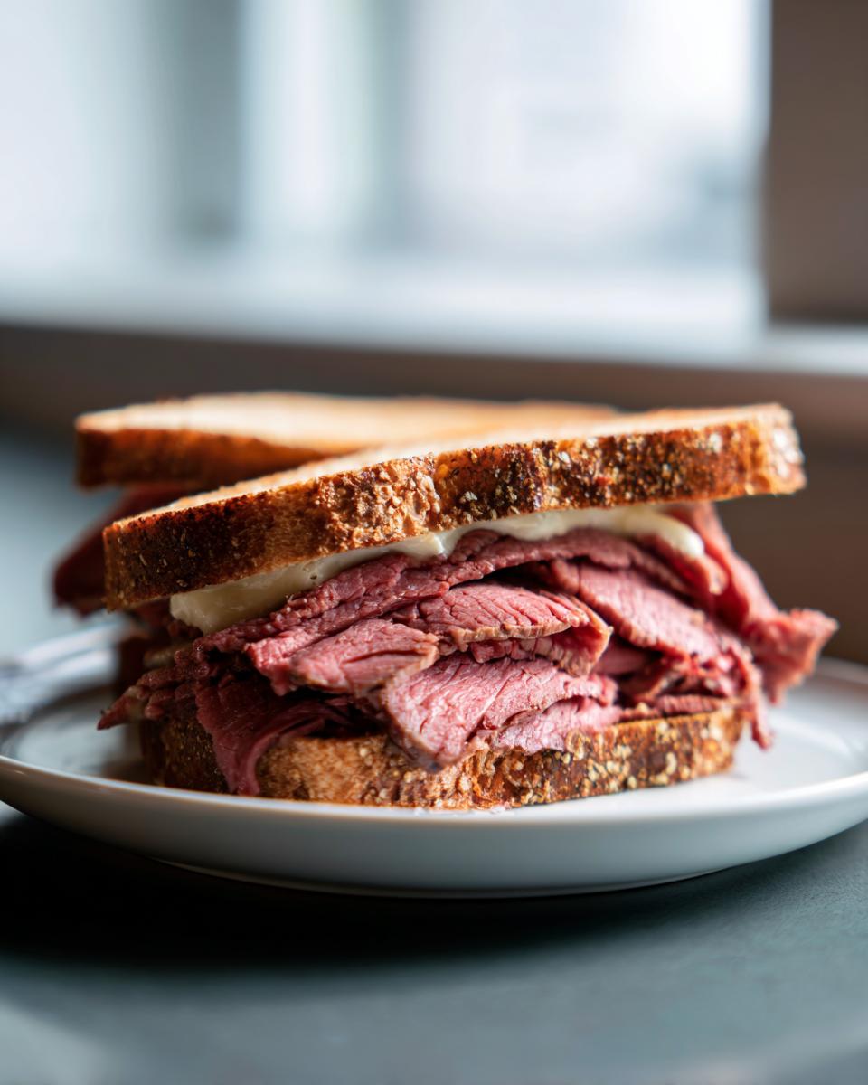 A hearty sandwich made with thick slices of leftover prime rib on toasted bread with melted cheese.