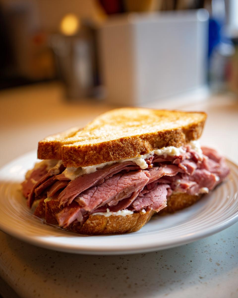 A hearty sandwich made with thinly sliced leftover prime rib and a creamy spread on toasted bread.