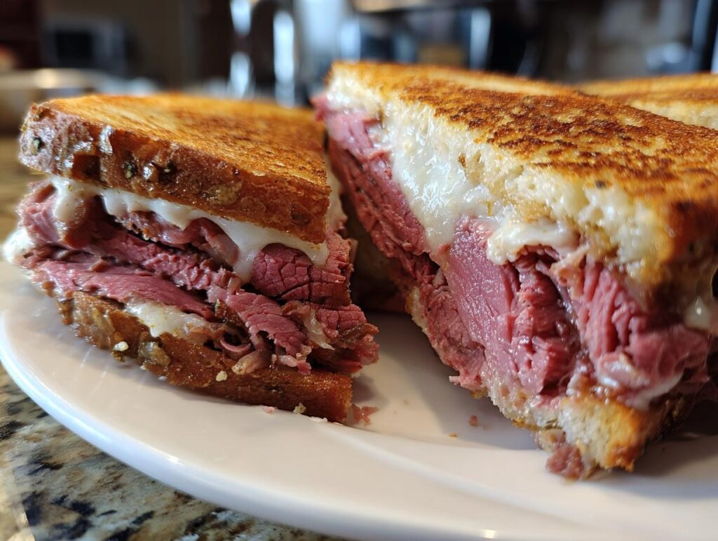 Close-up of a hearty sandwich made with leftover prime rib and melted cheese on toasted bread.