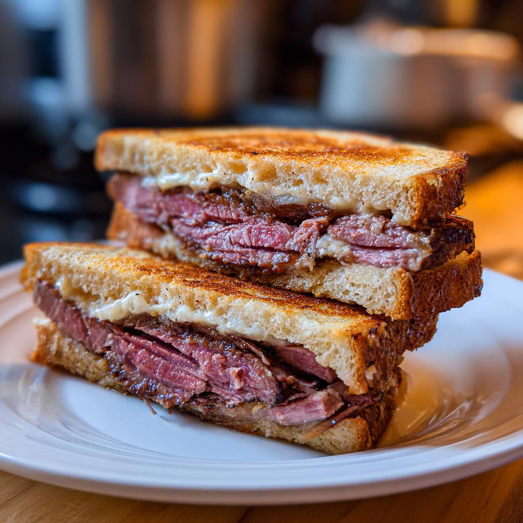 A mouthwatering grilled sandwich made with leftover prime rib, cheese, and toasted bread, cut in half.
