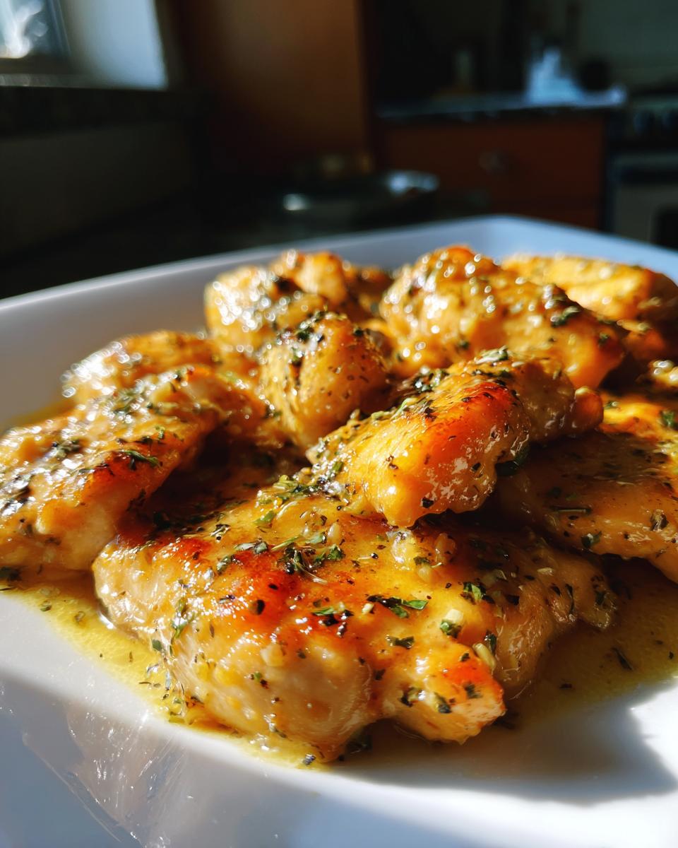 Close-up of tender lemon herb chicken pieces in a glossy sauce, a perfect chicken dinner idea.