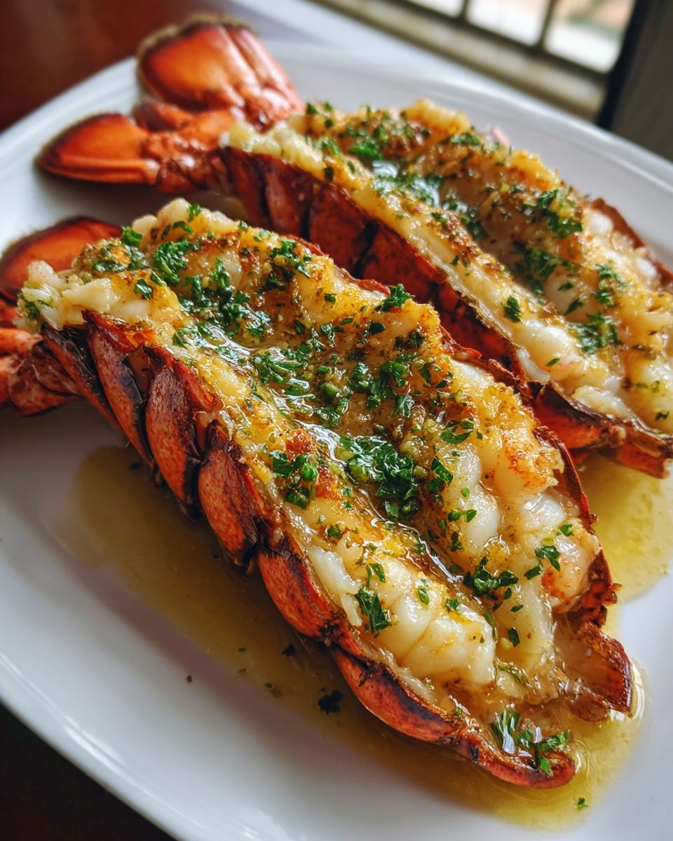 Close-up of two succulent lobster tails, broiled and topped with melted butter and fresh parsley, part of a lobster tail recipe.