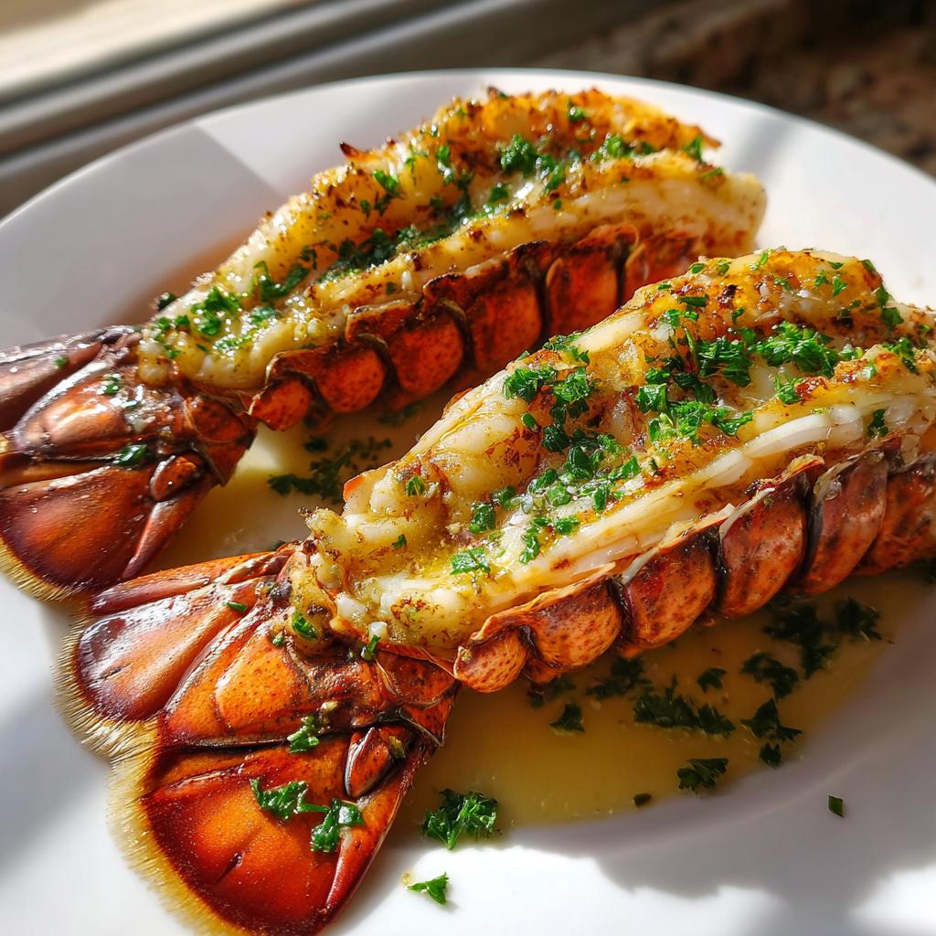 Two perfectly cooked lobster tails, glistening with butter and sprinkled with fresh parsley, part of an irresistible lobster tail recipe.