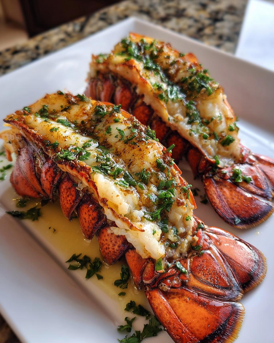 Two perfectly cooked lobster tails, glistening with garlic butter and sprinkled with fresh parsley, ready for a lobster tail recipe.