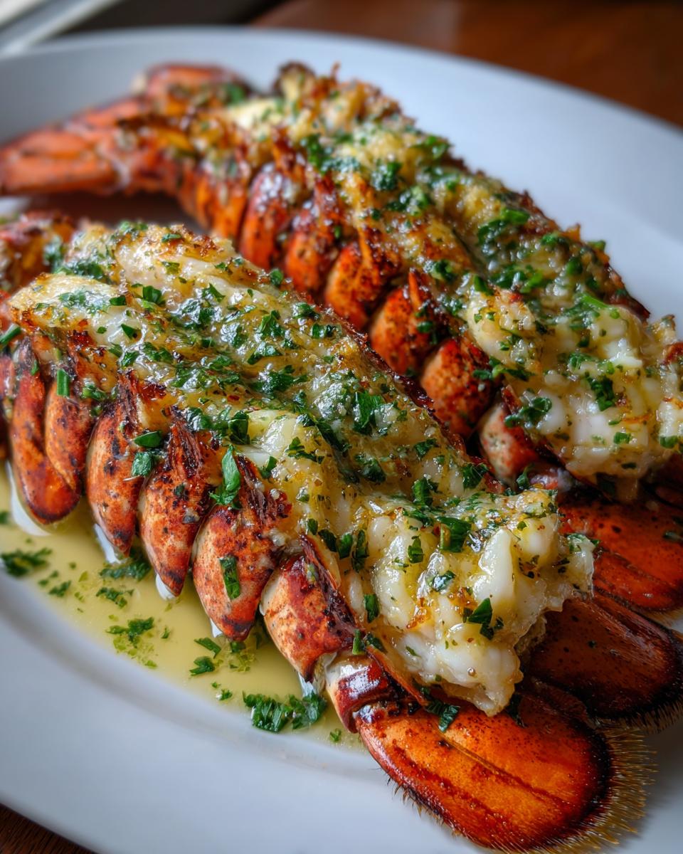Close-up of two succulent lobster tails, baked with garlic butter and fresh parsley, part of a lobster tail recipe.