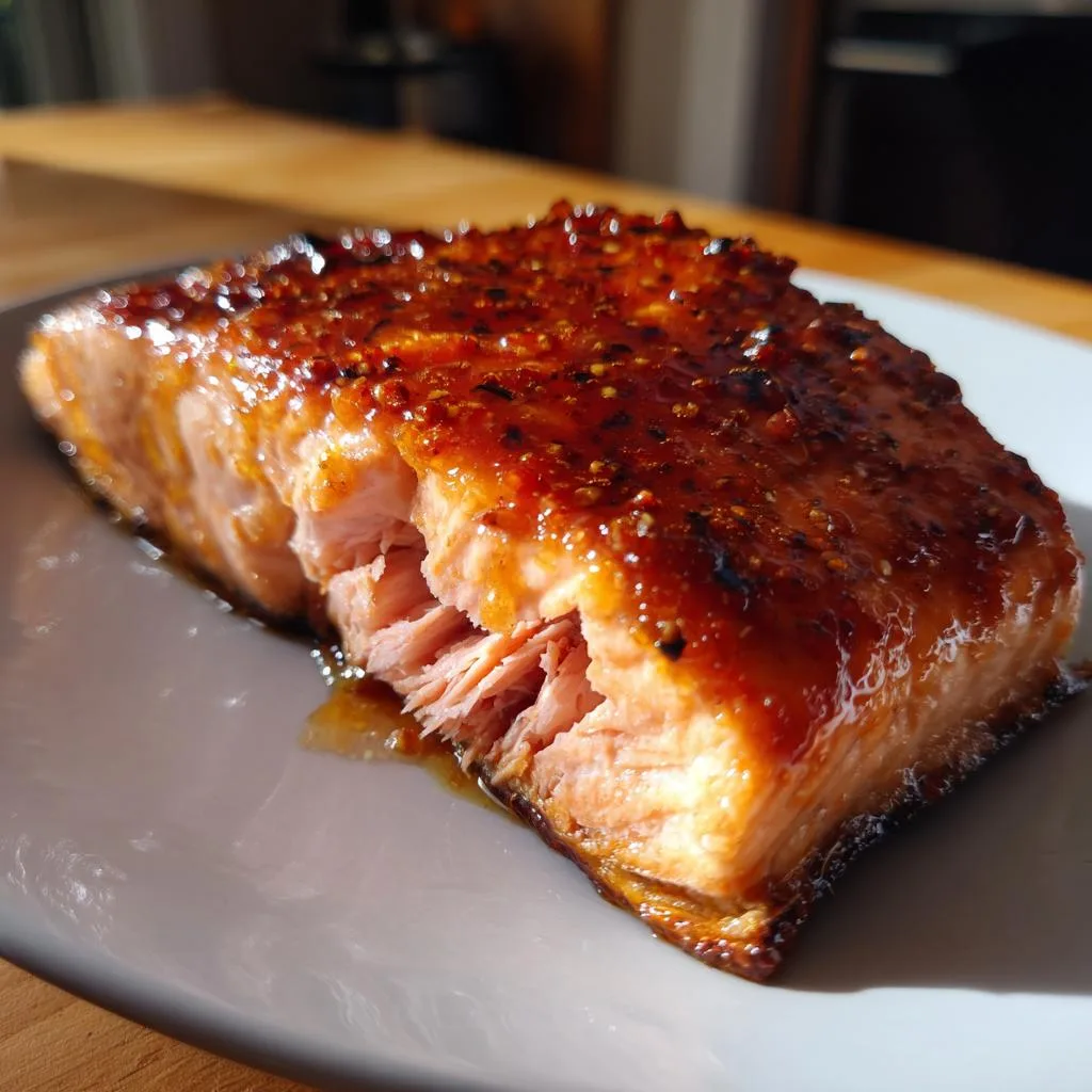 A close-up of a perfectly cooked maple glazed salmon fillet with a glossy sheen and visible flakes.