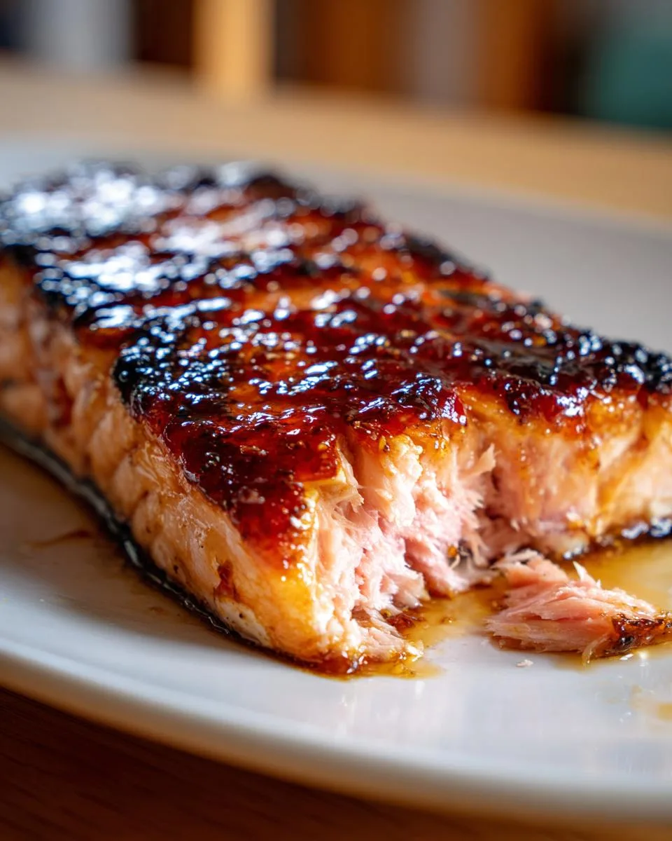 A close-up of a flaky, perfectly cooked maple glazed salmon fillet on a white plate.