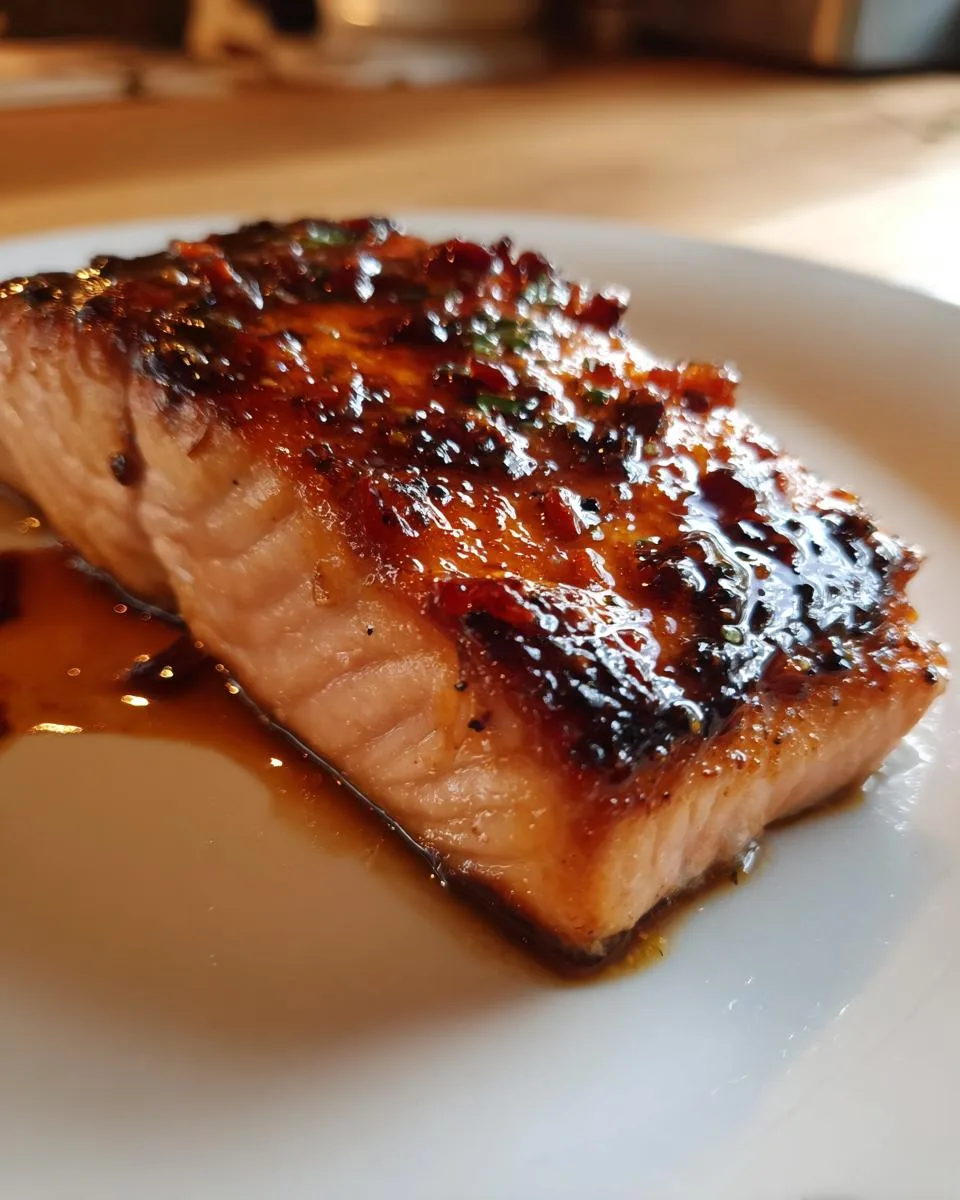 Close-up of a perfectly cooked Maple Glazed Salmon fillet on a white plate, glistening with sauce.